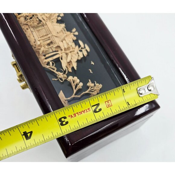 Vintage wood Asian Laquered Jewelry Box With Intricate 3D Bamboo Art Design & Gl - Picture 9 of 9